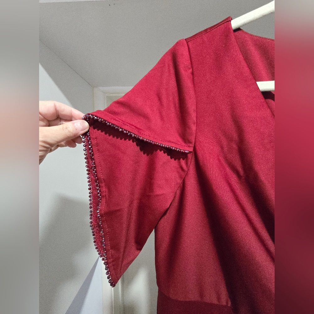 Burgundy V-Neck Maxi Dress, Tulip Sleeves, Adjustable Side Slit Sz 16 - Picture 9 of 14